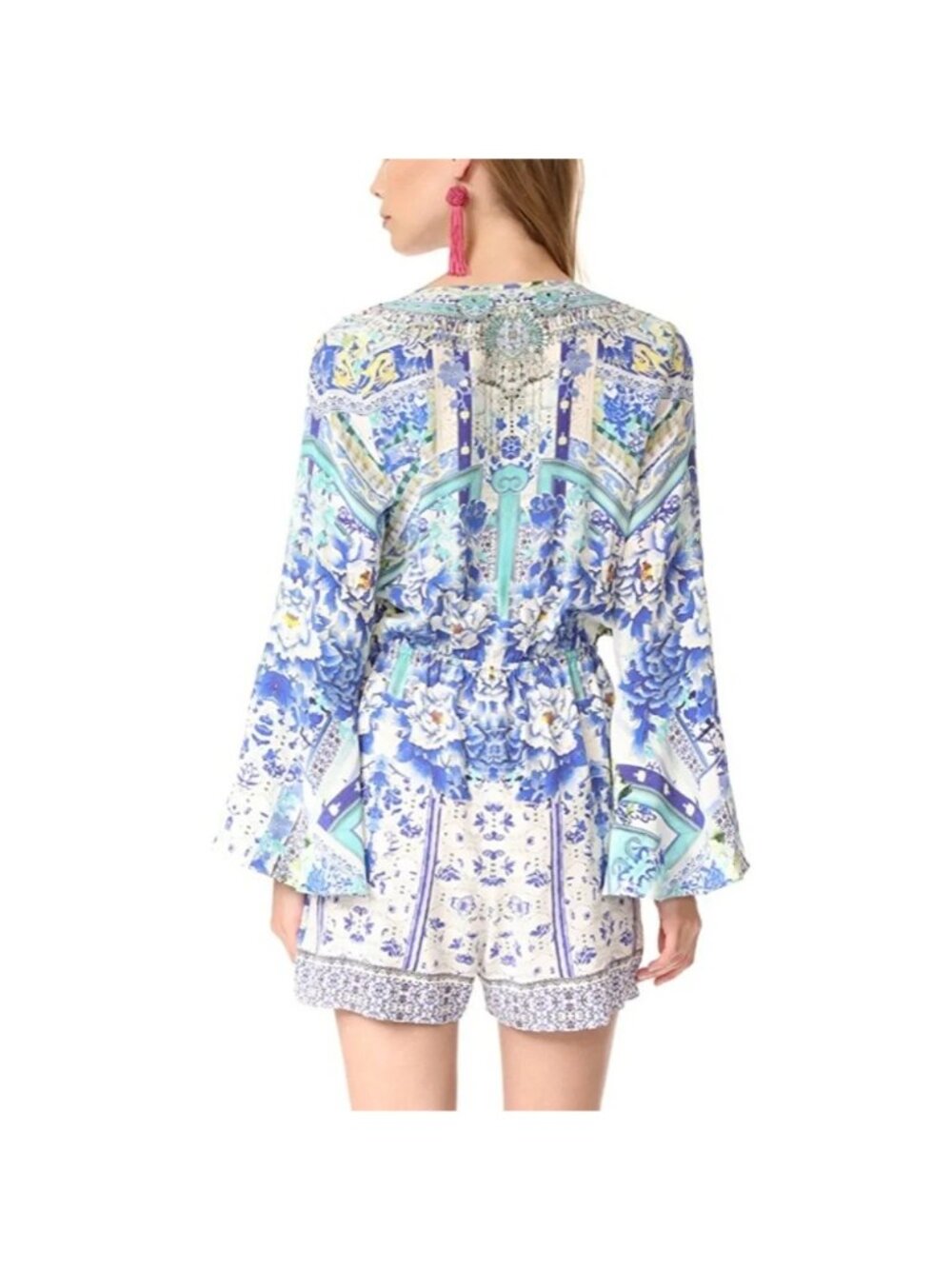 Camilla Women's Porcelain Paradise Wide Sleeve Tie Front Playsuit Size XS 3697 - Picture 6 of 14